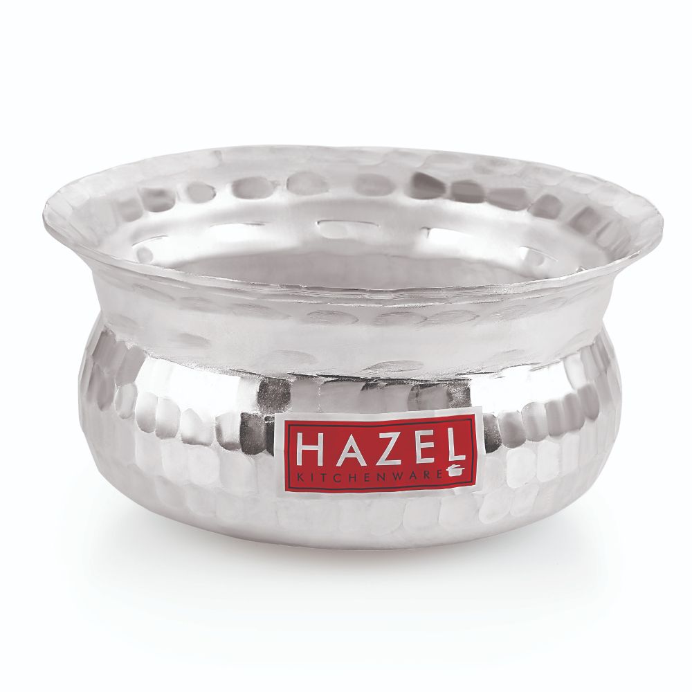 HAZEL Aluminium Hammered Finish Handi with Lid Biryani Rice Cooking Pot GOL Patiya Tope Patila Vessel, 20 cm, 1900 ML Silver
