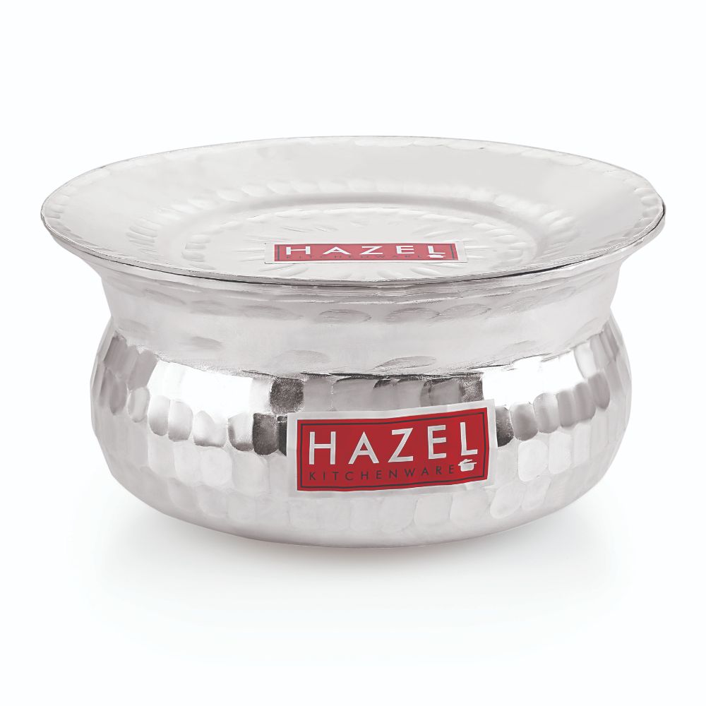 HAZEL Aluminium Hammered Finish Handi with Lid Biryani Rice Cooking Pot GOL Patiya Tope Patila Vessel, 22 cm, 2500 ML Silver