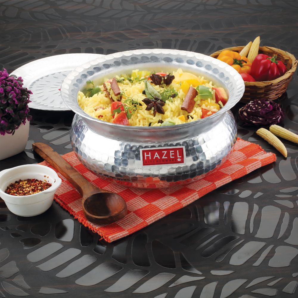 HAZEL Aluminium Hammered Finish Handi with Lid Biryani Rice Cooking Pot GOL Patiya Tope Patila Vessel, 24.5 cm, 3900 ML Silver