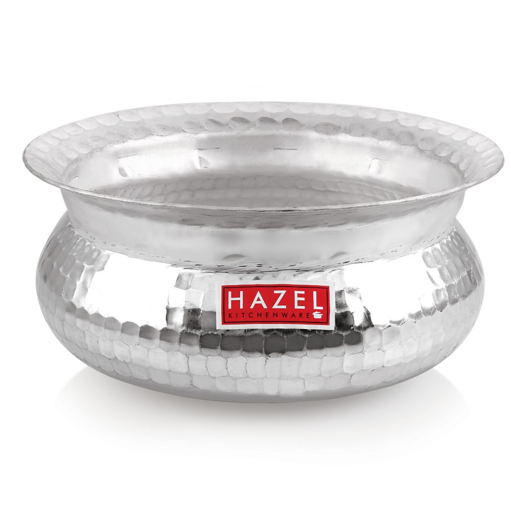 HAZEL Aluminium Hammered Finish Handi with Lid Biryani Rice Cooking Pot GOL Patiya Tope Patila Vessel, 28 cm, 5700 ML Silver