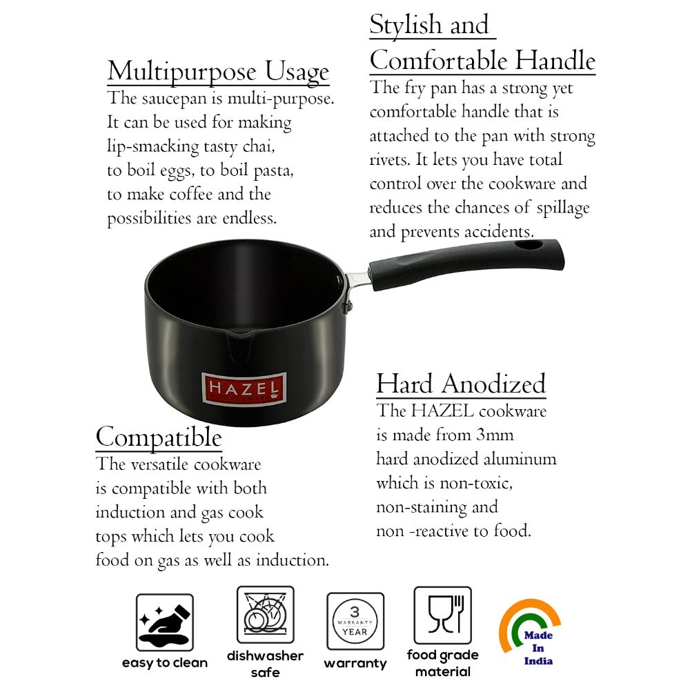 HAZEL Hard Anodised Sauce Pan 3 mm Aluminium Anodized Tea Milk Saucepan, 15.2 cm, 1600 ML