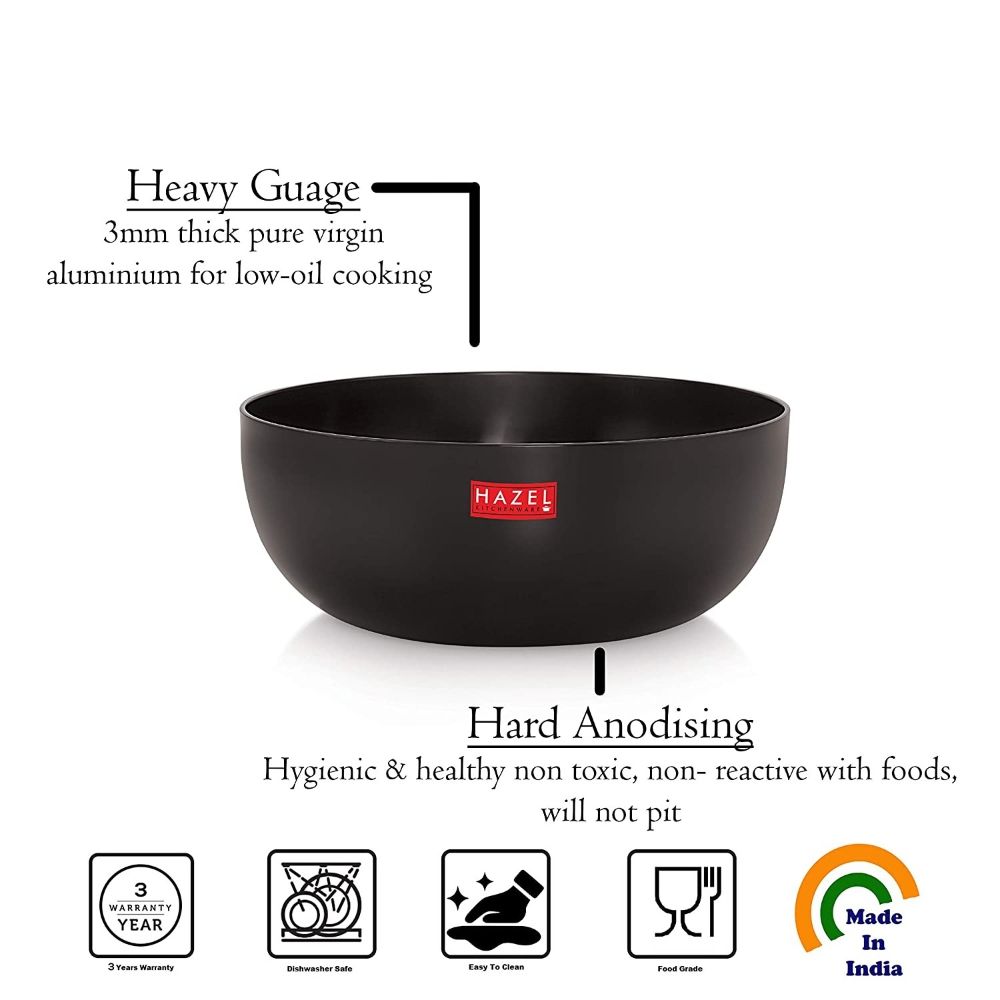 HAZEL Hard Anodized Kadhai Without Handle I Aluminium Cookware, 2500 ml with 3 mm Thickness I Non-Toxic & Non-Staining I Ideal for Daily Use for Gas Stove only