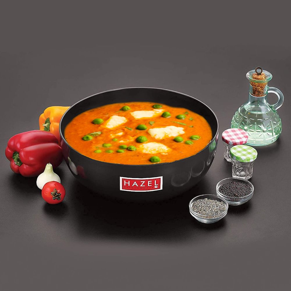 HAZEL Hard Anodized Kadhai Without Handle I Aluminium Cookware, 2500 ml with 3 mm Thickness I Non-Toxic & Non-Staining I Ideal for Daily Use for Gas Stove only