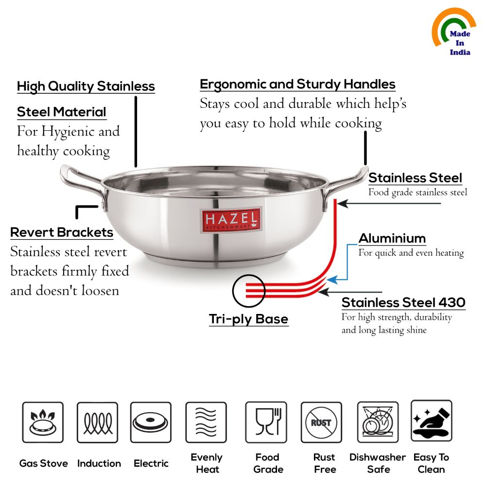 HAZEL Stainless Steel Induction Kadai |Induction Base Steel Kadai for Cooking | Dishwasher Safe Induction Cooktop Utensils, 20.2 cm, 1.9 Liter