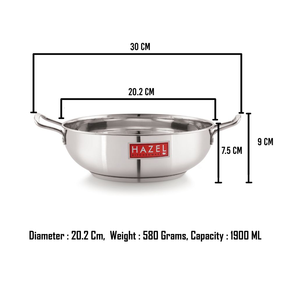 HAZEL Stainless Steel Induction Kadai |Induction Base Steel Kadai for Cooking | Dishwasher Safe Induction Cooktop Utensils, 20.2 cm, 1.9 Liter