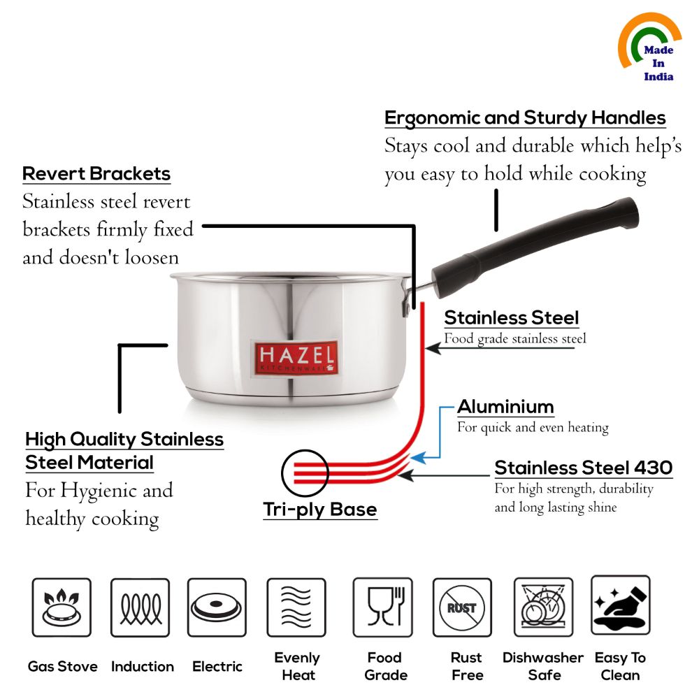 HAZEL Induction Bottom Sauce Pan Stainless Steel Saucepan Deep Bottom with Handle Induction Base for Tea Milk Maker Vessel Cooking, 16.1 cm, 1650 ML