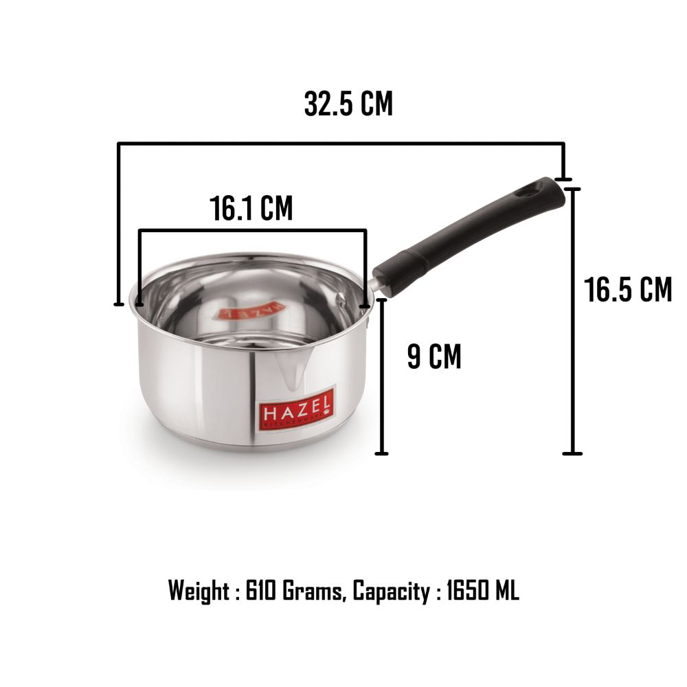 HAZEL Induction Bottom Sauce Pan Stainless Steel Saucepan Deep Bottom with Handle Induction Base for Tea Milk Maker Vessel Cooking, 16.1 cm, 1650 ML