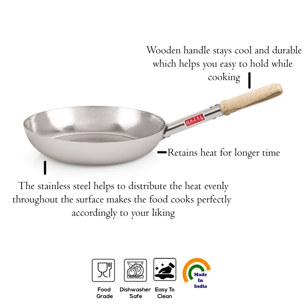 HAZEL Stainless Steel Fry Pan Tapper Pan Tawa Tavi with Wooden Handle for Cooking and Frying, 26 cm, 1350 ML