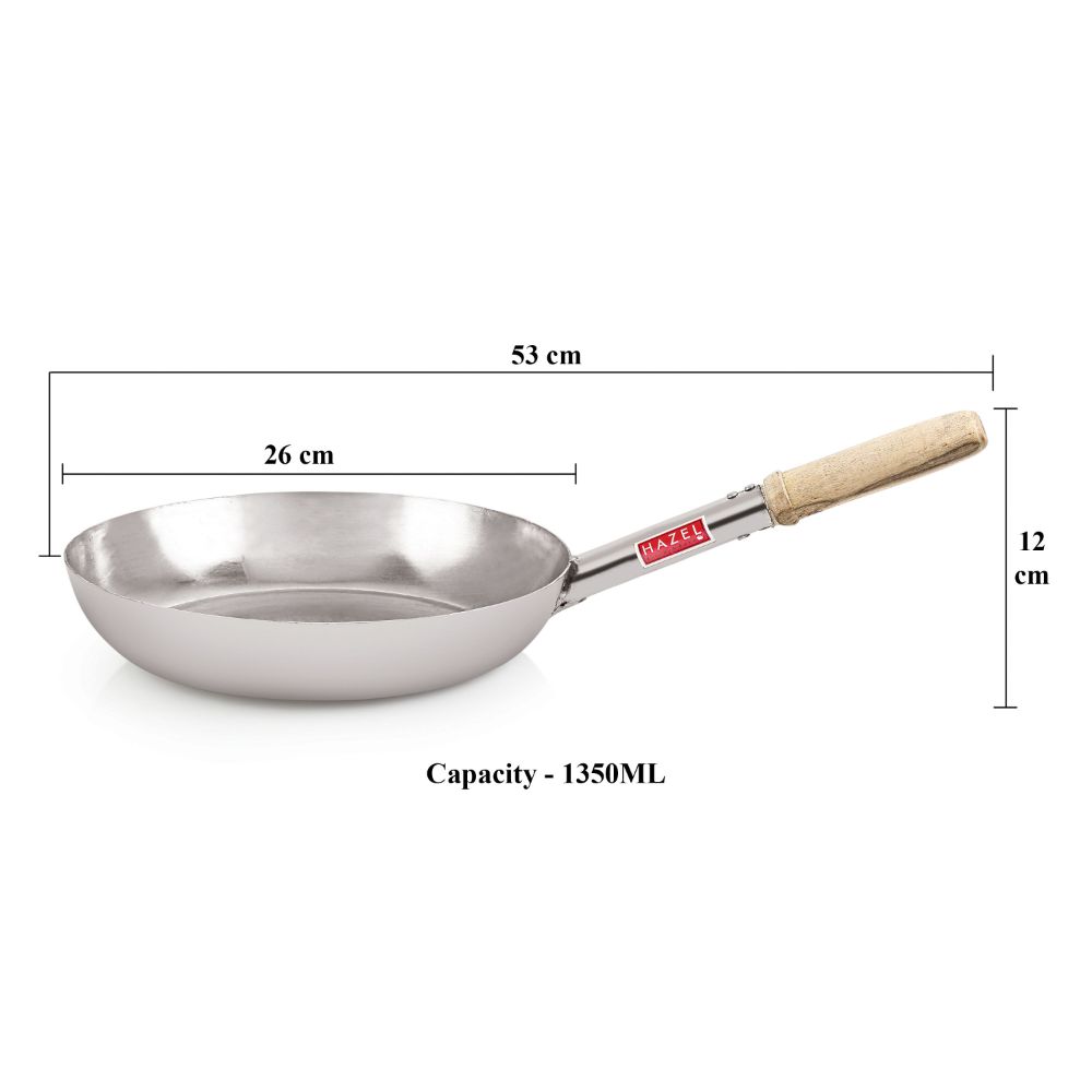 HAZEL Stainless Steel Fry Pan Tapper Pan Tawa Tavi with Wooden Handle for Cooking and Frying, 26 cm, 1350 ML