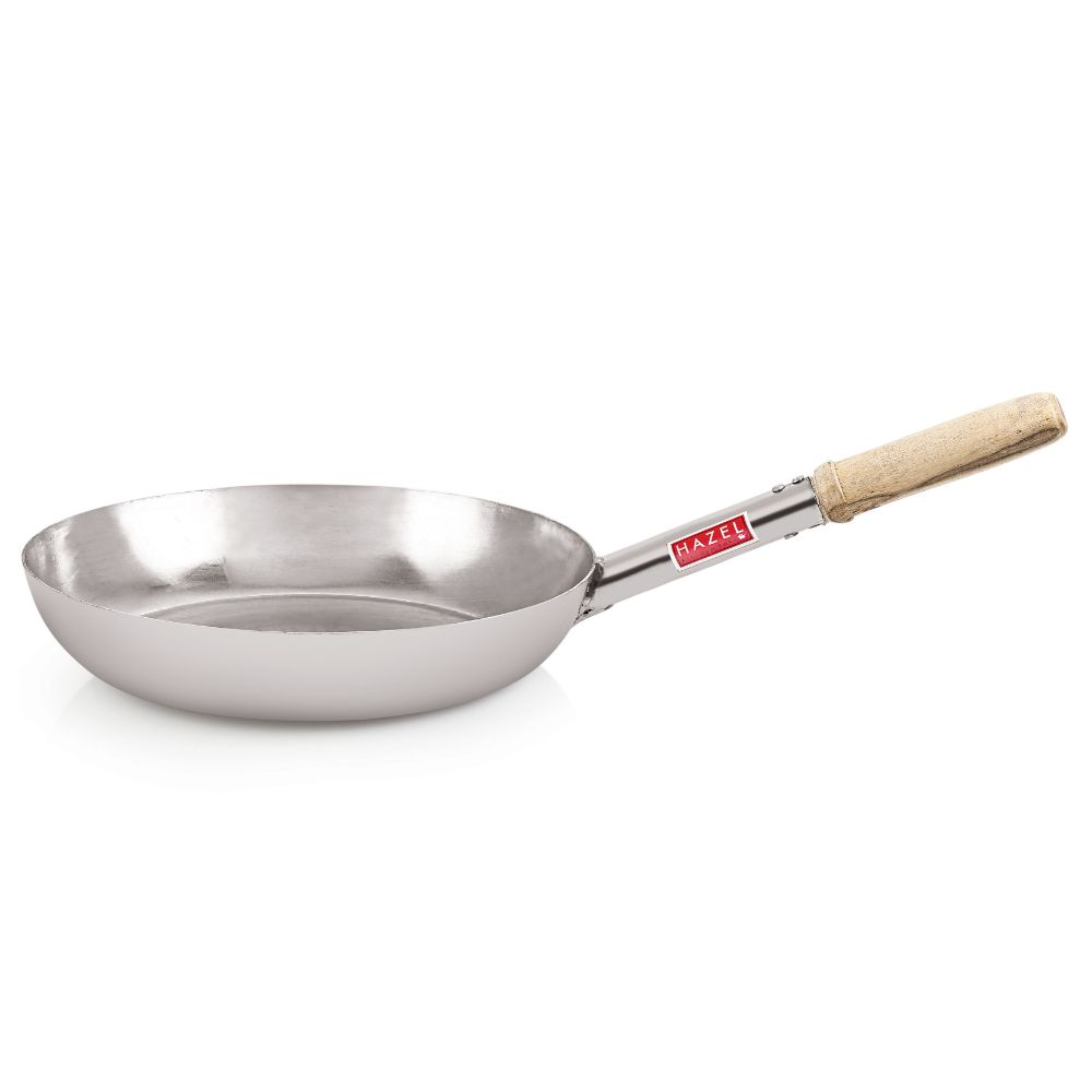 HAZEL Stainless Steel Fry Pan Tapper Pan Tawa Tavi with Wooden Handle for Cooking and Frying, 26 cm, 1350 ML