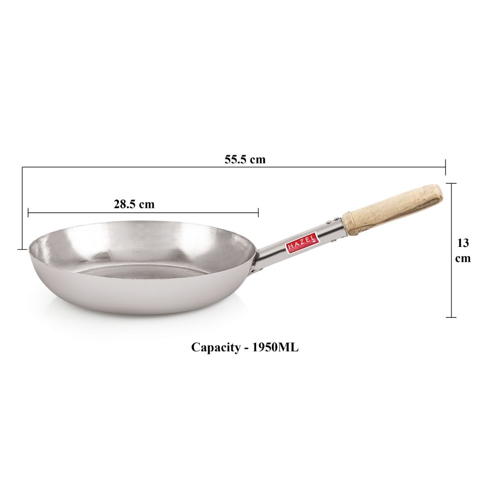 HAZEL Stainless Steel Fry Pan Tapper Pan Tawa Tavi with Wooden Handle for Cooking and Frying, 28.5 cm, 1950 ML