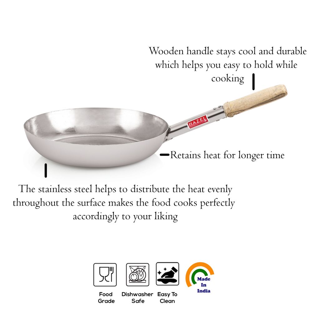 HAZEL Stainless Steel Fry Pan Tapper Pan Tawa Tavi with Wooden Handle for Cooking and Frying, 31.5 cm, 2800 ML
