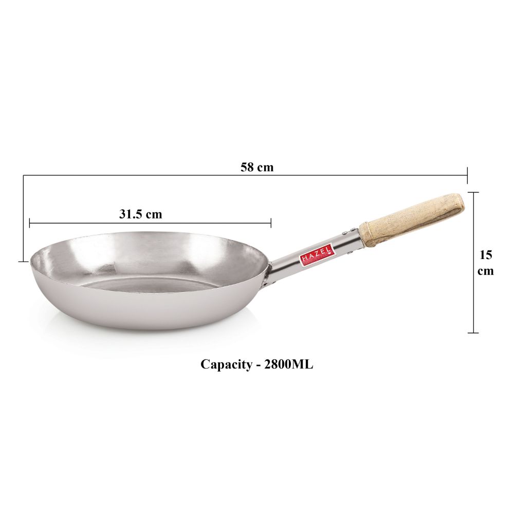 HAZEL Stainless Steel Fry Pan Tapper Pan Tawa Tavi with Wooden Handle for Cooking and Frying, 31.5 cm, 2800 ML