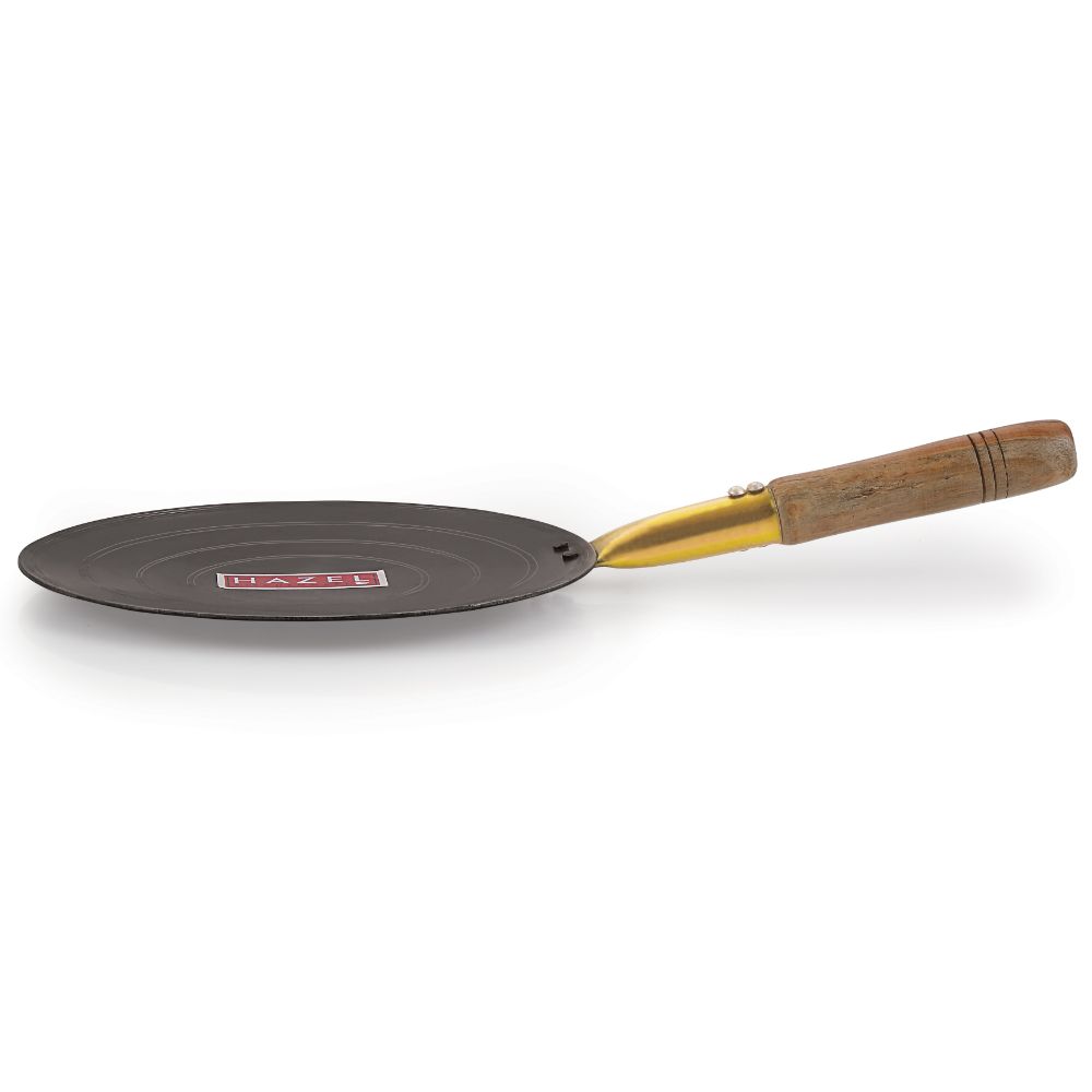HAZEL Iron Tawa with Wooden Handle Grip Lokhand Loha Pan Concave Tava for Chapathi Roti Paratha Fulka Dosa Omelette, 24.5 cm