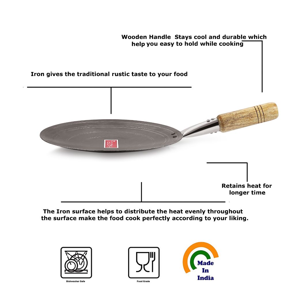 HAZEL Iron Tawa with Wooden Handle Grip Loha Lokhand Pan Concave Tava for Roti Chapathi Paratha Fulka Dosa Omelette, 27 cm