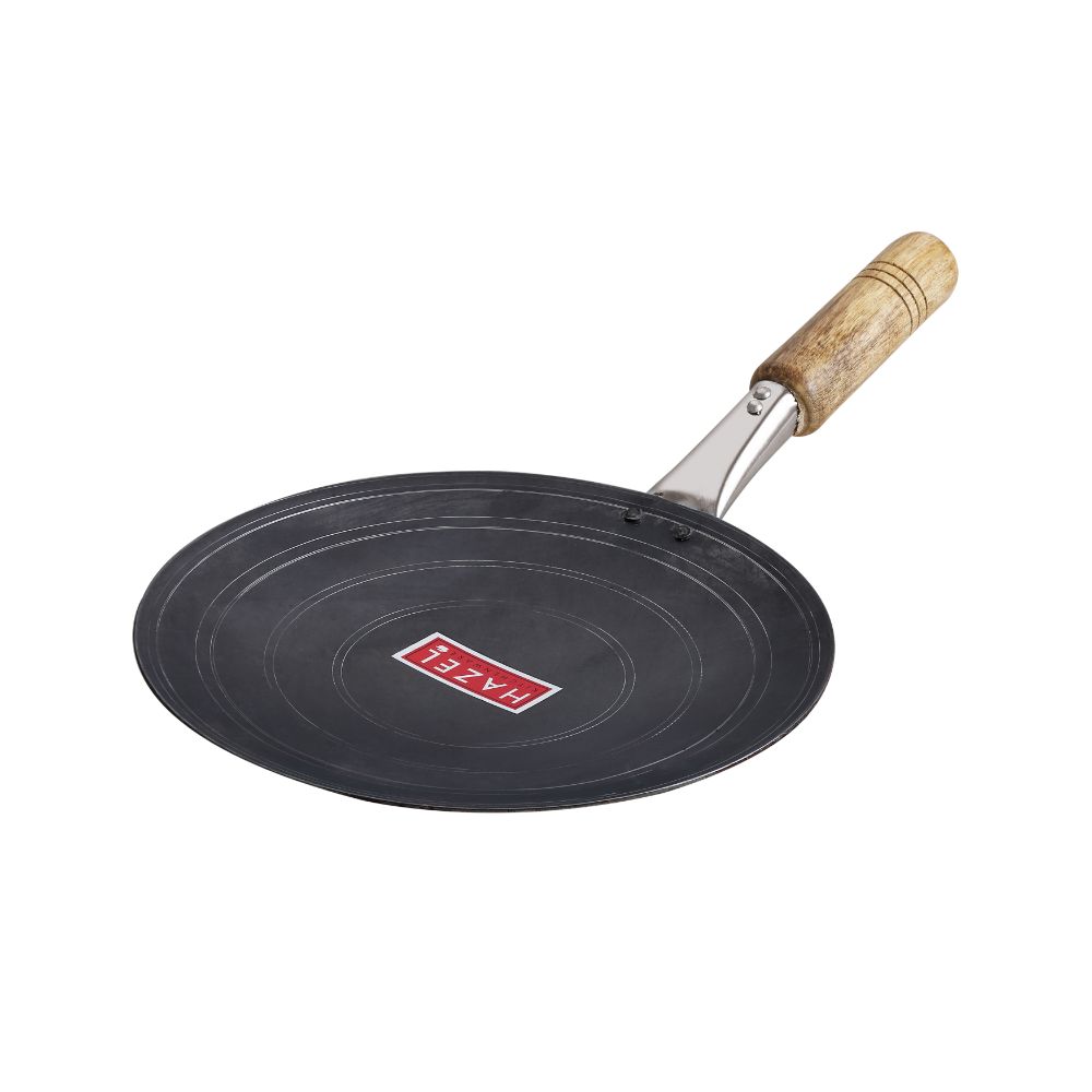 HAZEL Iron Tawa with Wooden Handle Grip Loha Lokhand Pan Concave Tava for Roti Chapathi Paratha Fulka Dosa Omelette, 27 cm