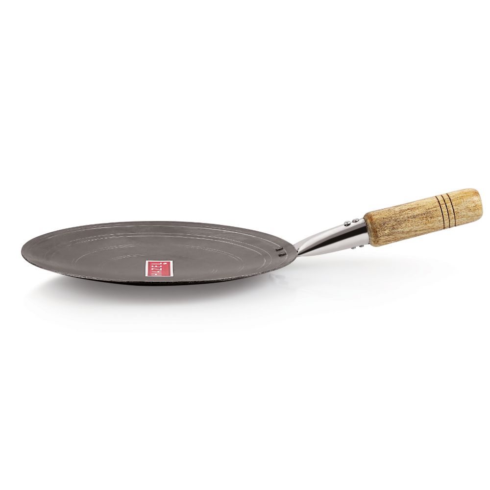 HAZEL Iron Tawa with Wooden Handle Grip Lokhand Loha Pan Concave Tava for Chapathi Roti Paratha Fulka Dosa Omelette, 29 cm