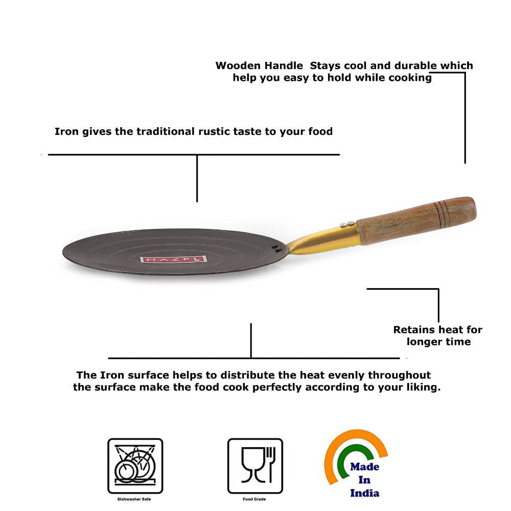 HAZEL Iron Tawa for Roti With Wooden Handle Grip