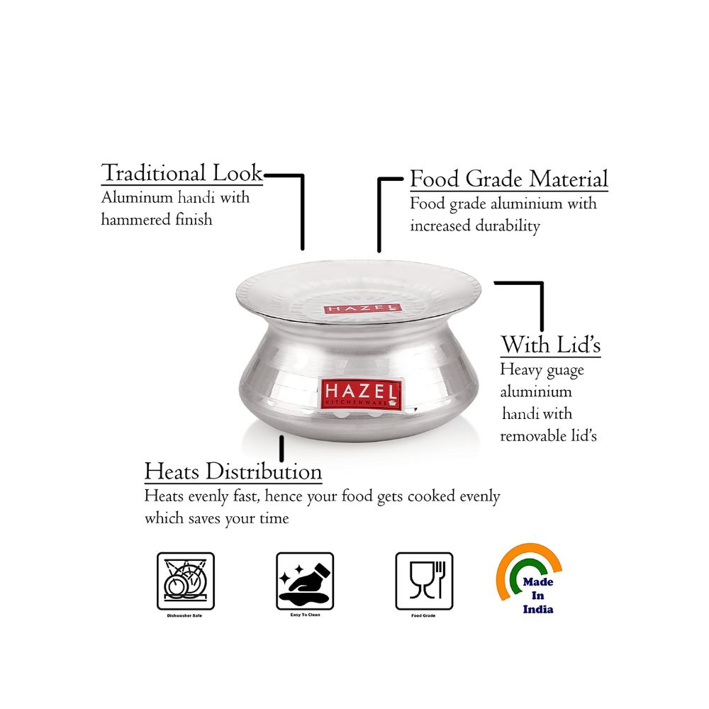 HAZEL Aluminium Handi with Lid Machine Hammered Finish Biryani Rice Cooking Pot Dhari Patiya Tope Patila Vessel, 23 cm, 2500 ML Silver