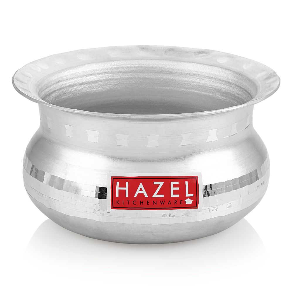 HAZEL Aluminium Handi with Lid Machine Hammered Finish Biryani Rice Cooking Pot GOL Patiya Tope Patila Vessel, 15.5 cm, 1200 ML Silver
