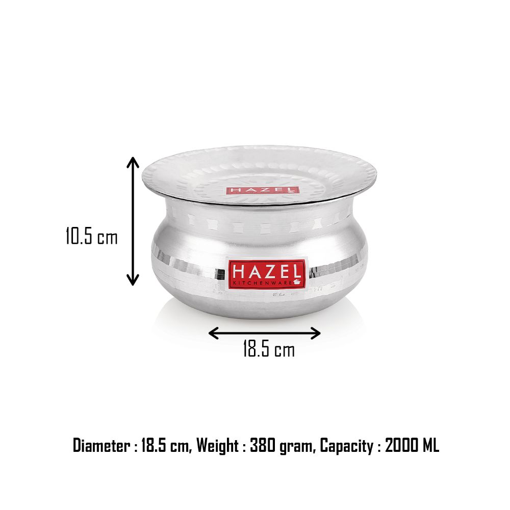 HAZEL Biryani Pot| Aluminium Biryani Handi Set, 2000 ML| Premium Aluminium Hammered Finish Tope, Patila Handi | Multipurpose Aluminium Cooking Utensils for Kitchen Silver