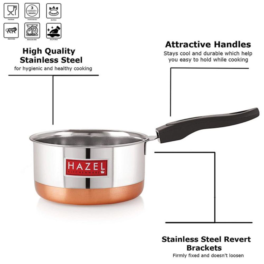 HAZEL Steel Sauce Pan |Alfa Premium Heavy Gauge Tea Pot, 1500 ML | Stainless Steel Sauce Pan | Cookware with Copper Bottom | Milk Pan with Copper Bottom