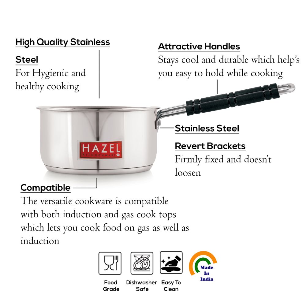 HAZEL Stainless Steel Induction Mini Saucepan | Induction Bottom Mini Saucepan Milkpan | Tea Making Vessel with Handle, Capacity 900 ml, Silver, Small Size
