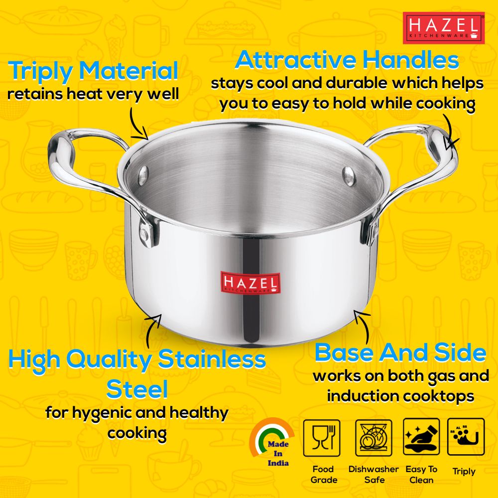 HAZEL Tri-Ply Stainless Steel Induction Bottom Tope with Handle, 4.6 Litre, 22.5 cm