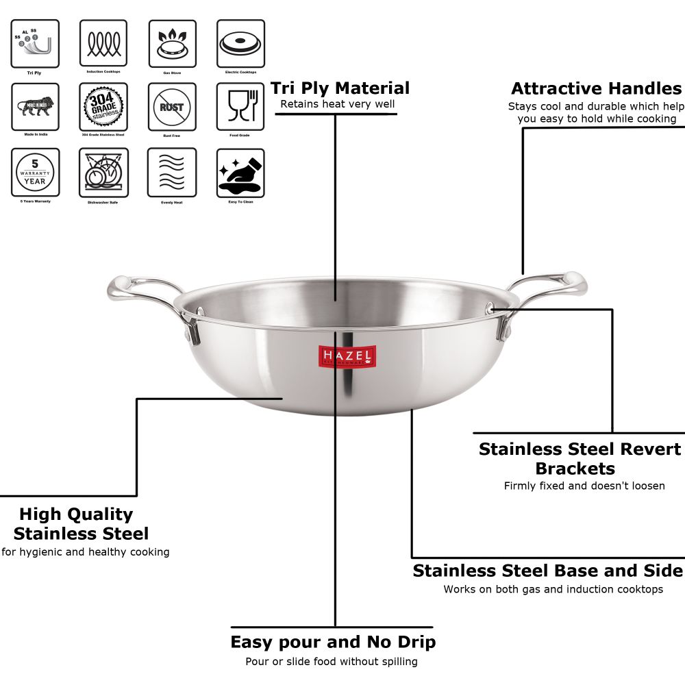 HAZEL Triply Stainless Steel Kadai | Triply Kadai Steel, 1.5 litres | Induction Bottom Triply Cookware for Gas and Induction Cooktop | Multipurpose Kadai, Ideal for Daily Use