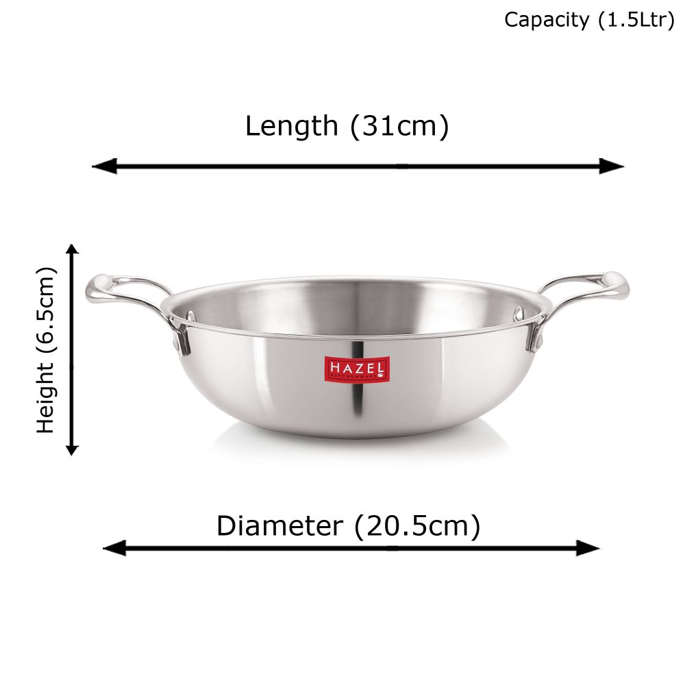 HAZEL Triply Stainless Steel Kadai | Triply Kadai Steel, 1.5 litres | Induction Bottom Triply Cookware for Gas and Induction Cooktop | Multipurpose Kadai, Ideal for Daily Use