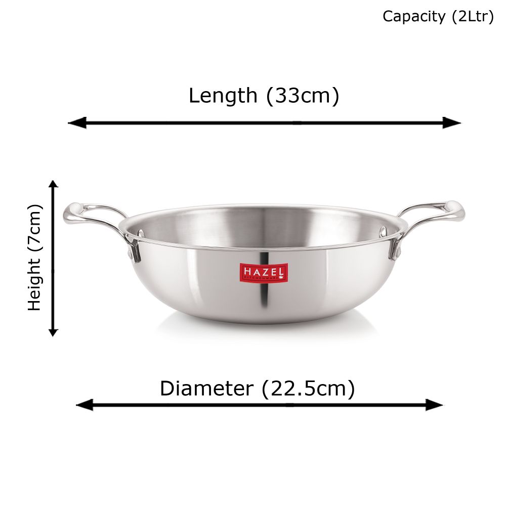 HAZEL Triply Stainless Steel Kadai | Triply Kadai Steel, 2 litres | Induction Bottom Triply Cookware for Gas and Induction Cooktop | Multipurpose Kadai, Ideal for Daily Use