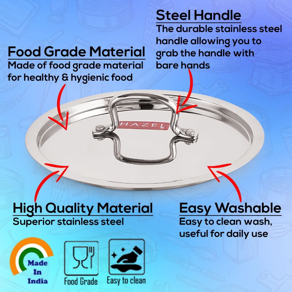 HAZEL Stainless Steel Cookware Plain Lid With Handle (Outer Diameter 22 cm, Inner Diameter 20 cm)