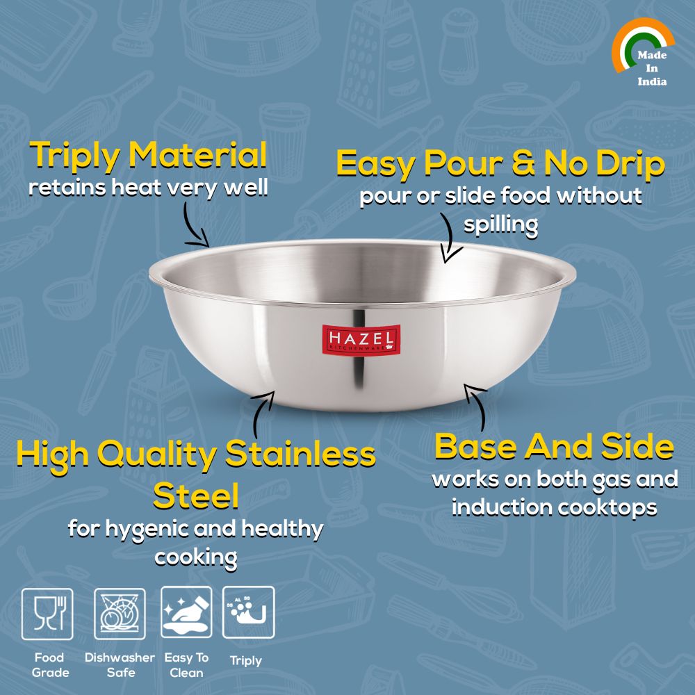 HAZEL Triply Stainless Steel Cookware I Triply Tasla Kadai Steel, 1.5 litres I Heavy Bottom Triply Cookware for Gas and Induction Cooktop | Multipurpose Tasra, Ideal for Daily Use