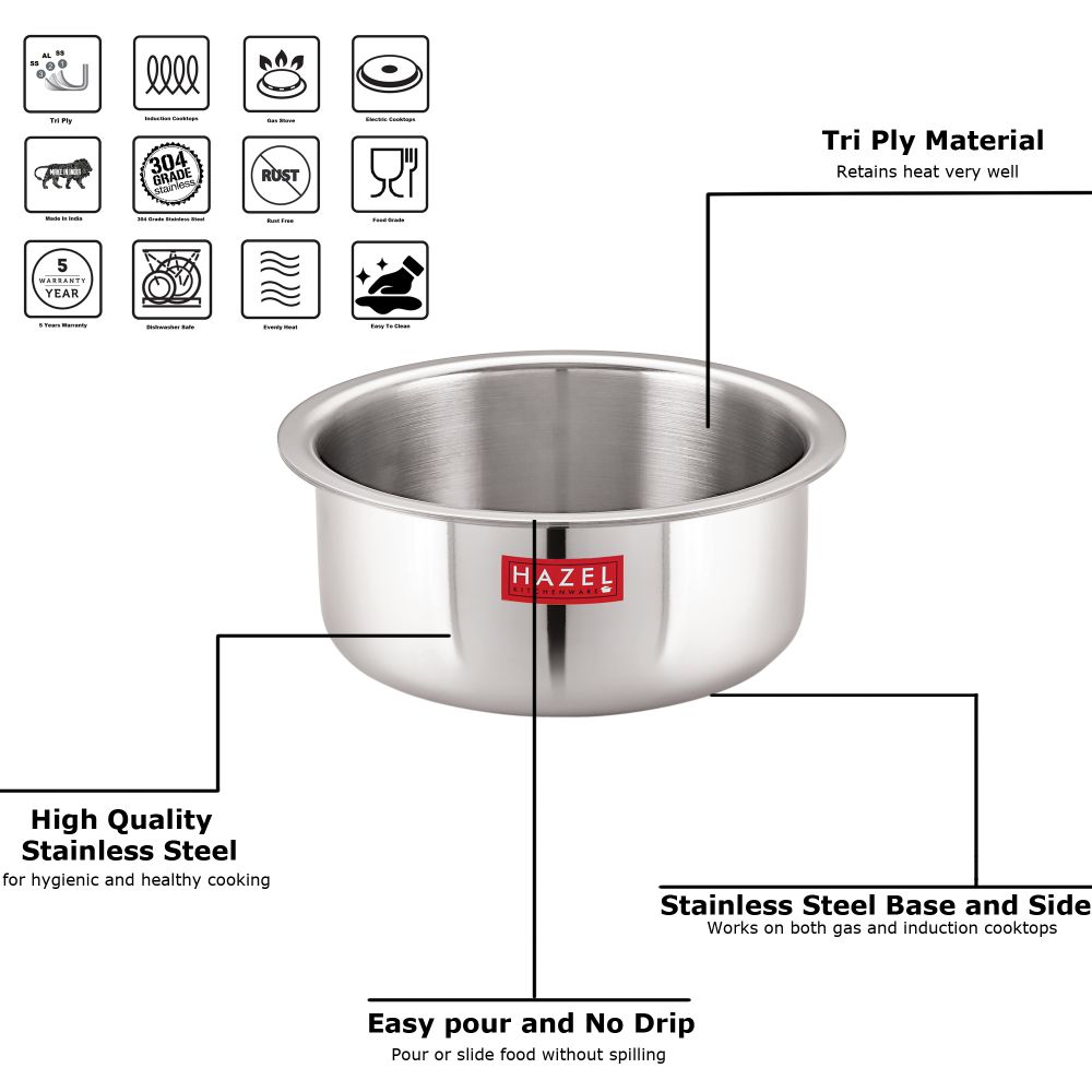 HAZEL Triply Stainless Steel Cookware| Stainless Steel Patila Utensils Set for Kitchen, 1500 ml | Induction Bottom Triply Tope| Stainless Steel Container for Kitchen