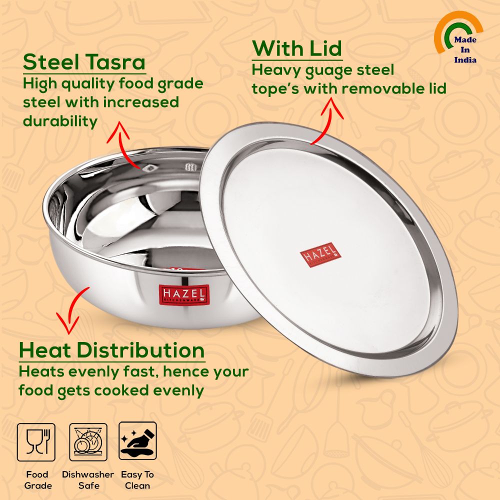 HAZEL Alfa 18 Gauge Premium Stainless Steel Tasra Kadai with Lid, Set of 3, 1000-1800 ml, Silver