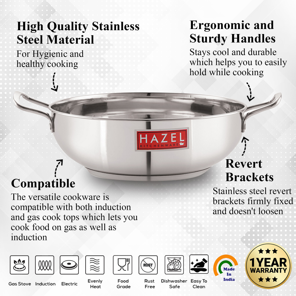 HAZEL Stainless Steel Induction Bottom Kadhai, 22 cm, Silver