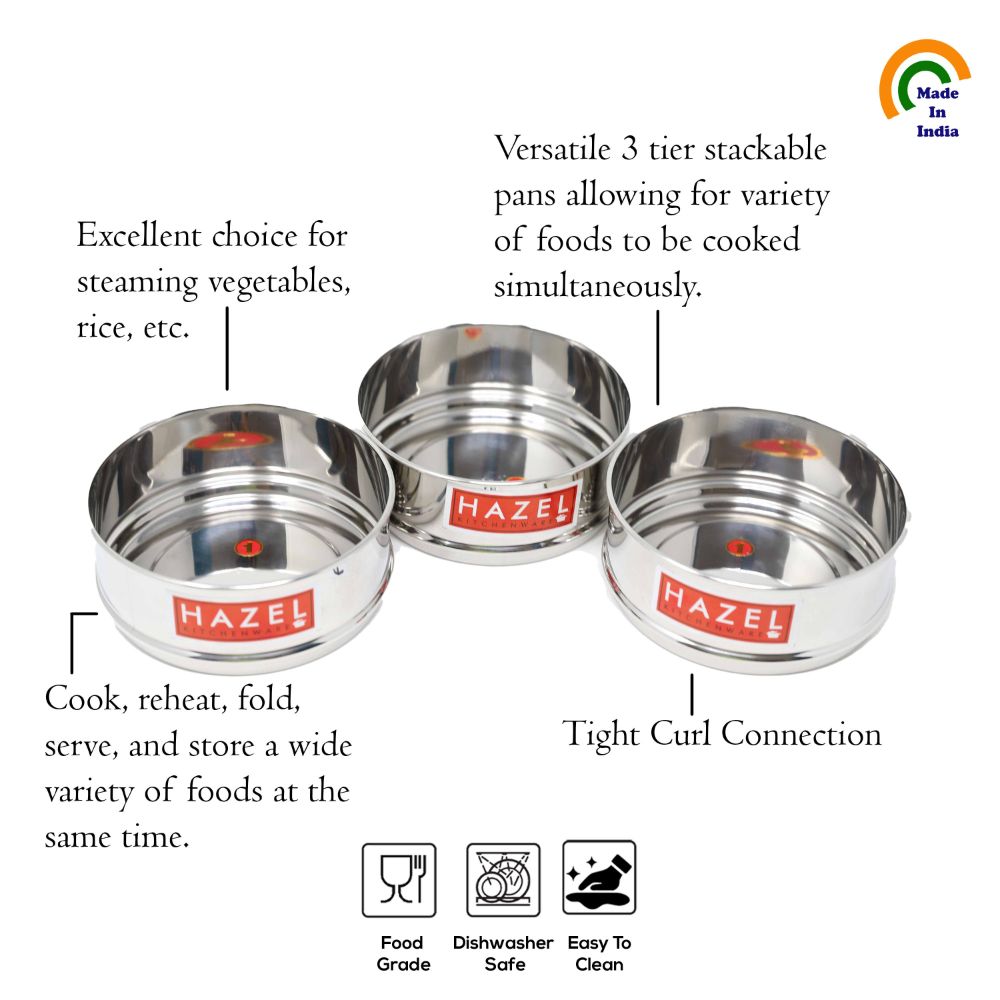 HAZEL Alfa Cooker Container | Cooker Vessel Set For 600 Ml I Set Of 3 With Glossy Finish Stainless Steel Utensil Set | Rice Cooker Dabbas, Stackable Cooker Separators, Silver, 600 Milliliter