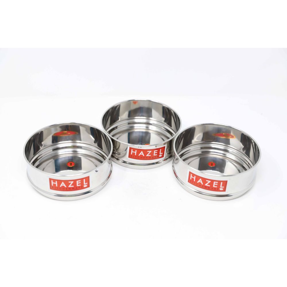 HAZEL Alfa Cooker Container | Cooker Vessel Set For 600 Ml I Set Of 3 With Glossy Finish Stainless Steel Utensil Set | Rice Cooker Dabbas, Stackable Cooker Separators, Silver, 600 Milliliter