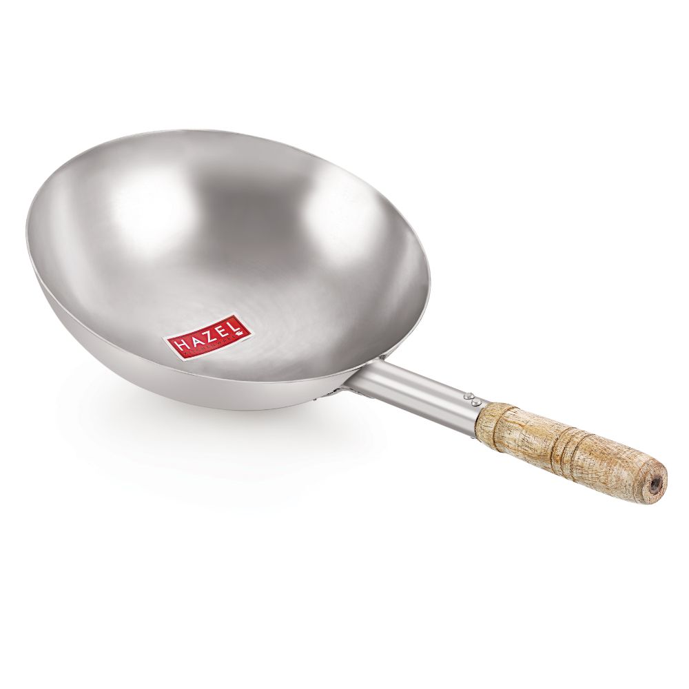 HAZEL Chinese Wok with Wooden Handle | Stainless Steel Deep Frying Pan