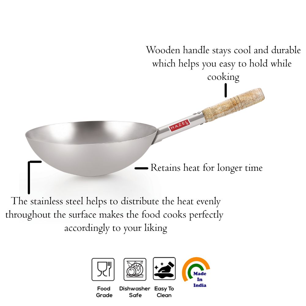 HAZEL Chinese Wok with Wooden Handle | Stainless Steel Deep Frying Pan