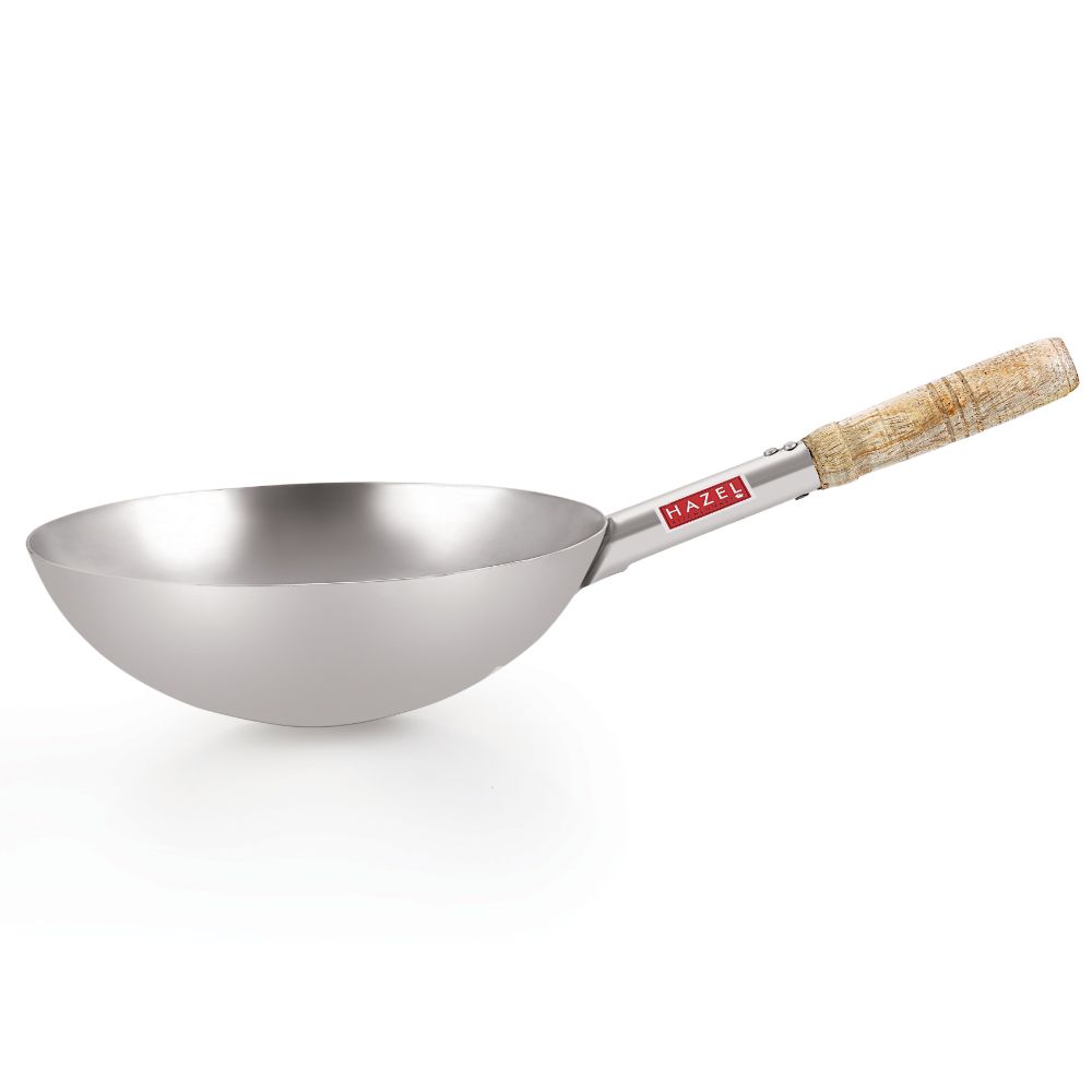 HAZEL Chinese Wok with Wooden Handle | Stainless Steel Deep Frying Pan