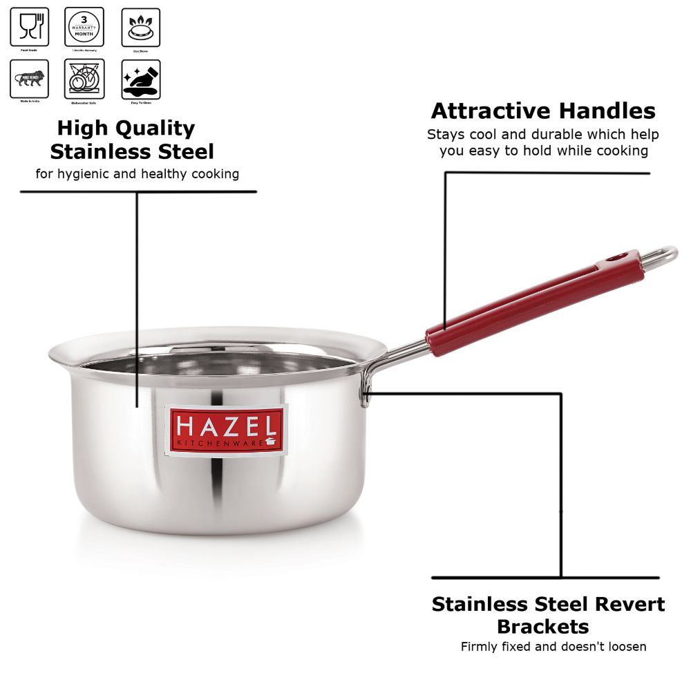 HAZEL Stainless Steel Milk Saucepan Tea Pan with Fixed Rubber Grip Handle, 1000 ML, Silver