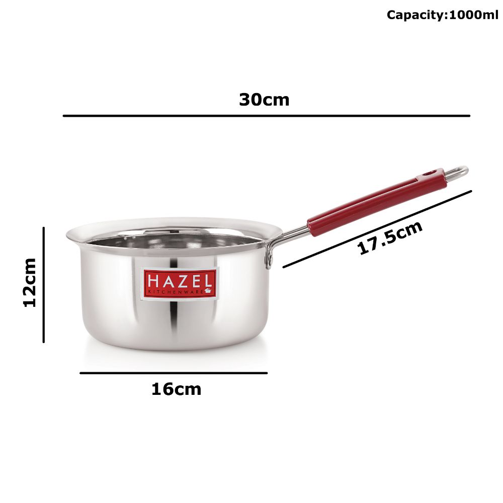 HAZEL Stainless Steel Milk Saucepan Tea Pan with Fixed Rubber Grip Handle, 1000 ML, Silver