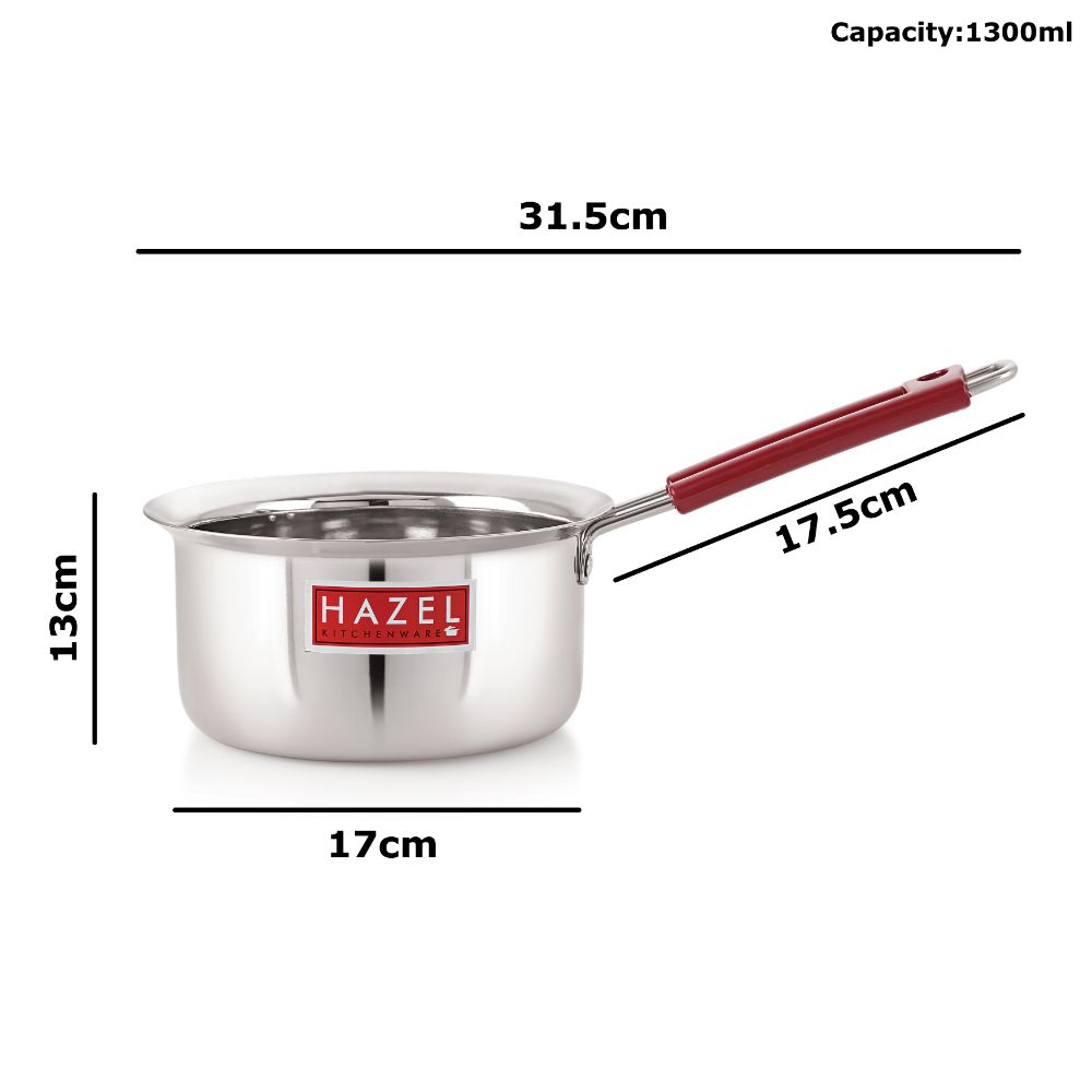 HAZEL Steel Sauce Pan |Alfa Premium Heavy Gauge Tea Pot, 1300 ML | Stainless Steel Sauce Pan | Multipurpose Cookware for Daily Usage with Fixed Rubber Grip Handle