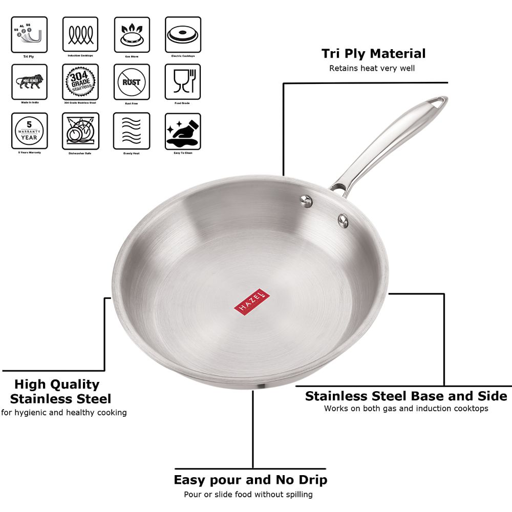 HAZEL Triply Stainless Steel Induction Bottom Fry Pan, 1.5 Litre, 22 cm