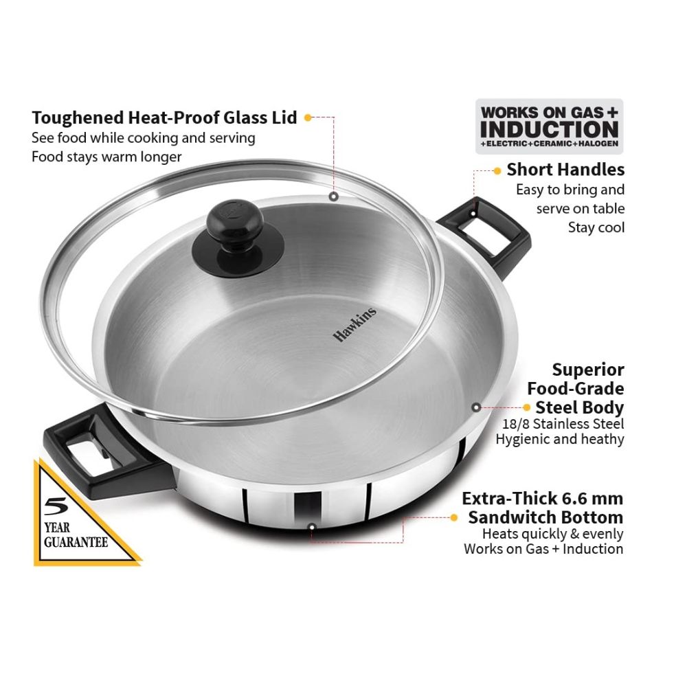 Hawkins 3 Litre Cook n Serve Frying Pan, Stainless Steel Fry Pan with Glass Lid, Induction Frying Pan, Frypan for Cooking and Serving, Silver (SSF3LG)