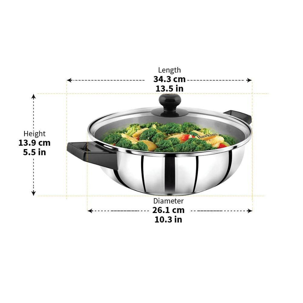 Hawkins 3 Litre Cook n Serve Frying Pan, Stainless Steel Fry Pan with Glass Lid, Induction Frying Pan, Frypan for Cooking and Serving, Silver (SSF3LG)