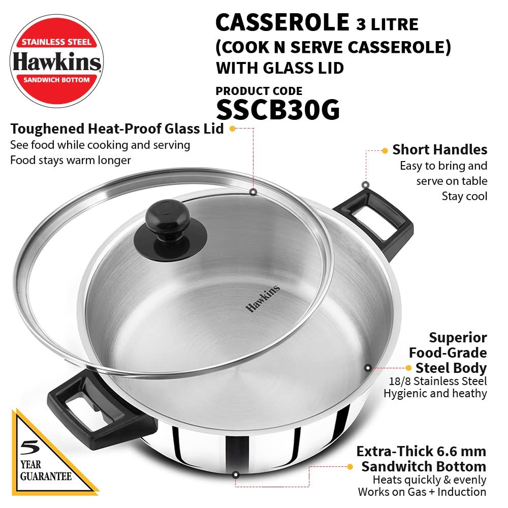 Hawkins 3 Litre Cook n Serve Casserole, Stainless Steel, SSCB30G
