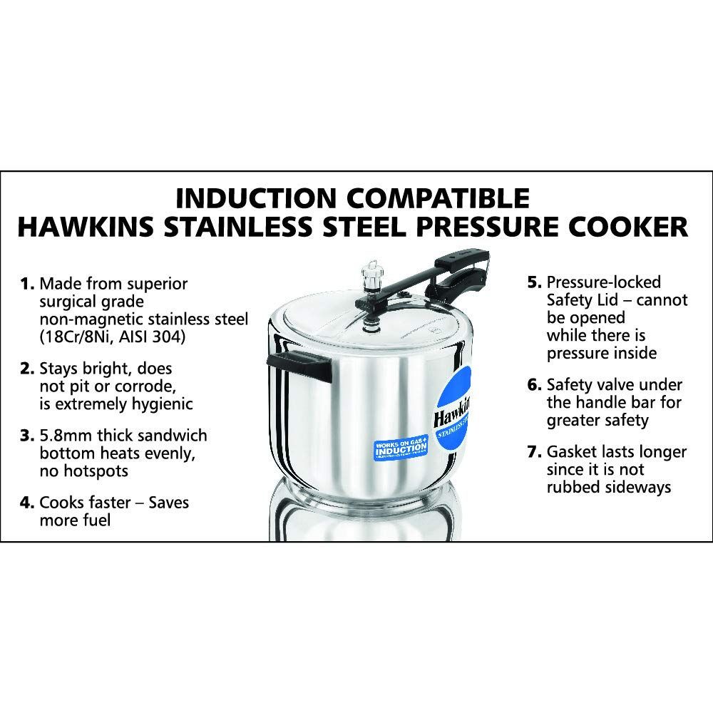 Hawkins Stainless Steel 10L Inner Lid Pressure Cooker Induction Compatible, 10 Liter