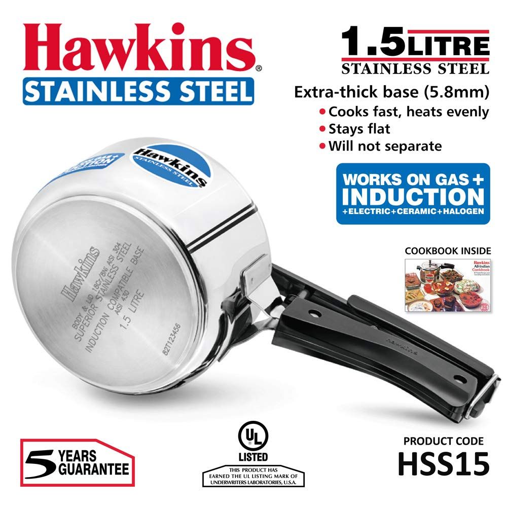 Hawkins 1.5 Litre Pressure Cooker, Stainless Steel Inner Lid Cooker, Induction Cooker, Small Cooker, Silver (HSS15)